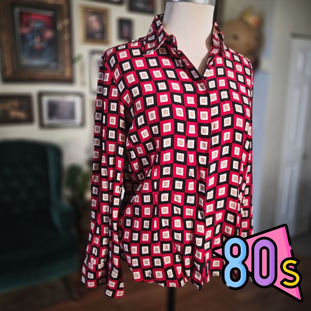 Starington Silk Blouse Red Black Geometric Print Vintage 90s Button Down Shirt 8